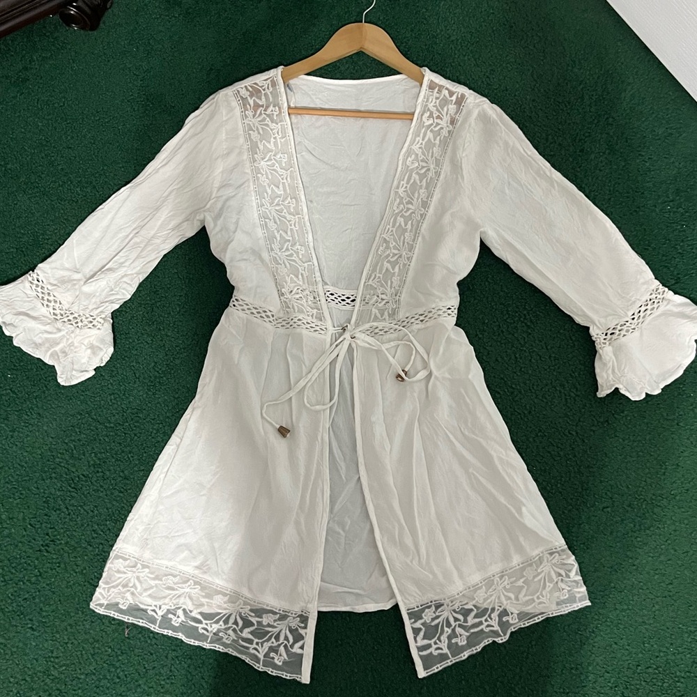 blue island White Lace-Trim Cotton Swim Cover-Up